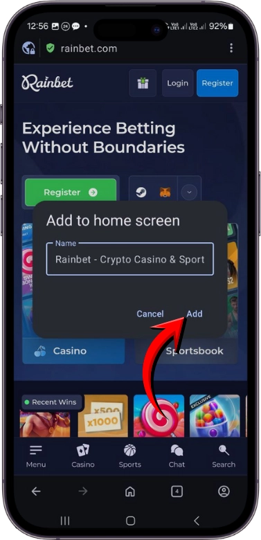 Rainbet add shortcut