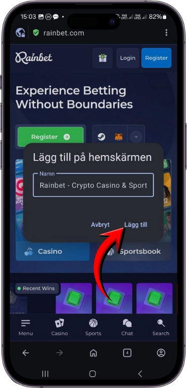 Rainbet lägg till genväg