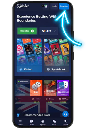 Rainbet app main screen with registration button