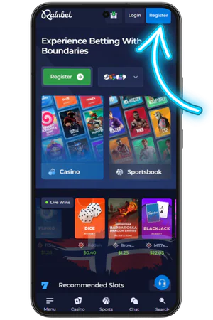 Rainbet appens hovedside med registreringsknapp