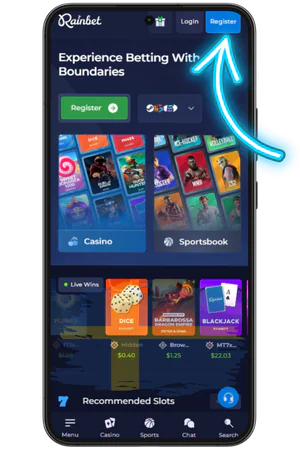 Rainbet app huvudsida med registreringsknapp